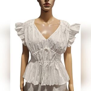 *Rebecca Taylor women's white cotton ruffled tie front peplum preppy blouse Sz 4